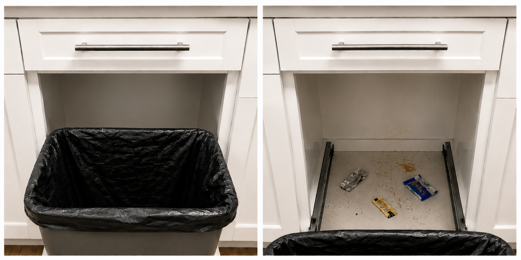 Hidden debris collecting inside the pull-out trash cabinet